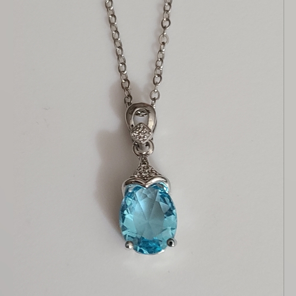 925 sterling necklace blue topaz CZ sparkly   18" silver chain pendant - Picture 8 of 12